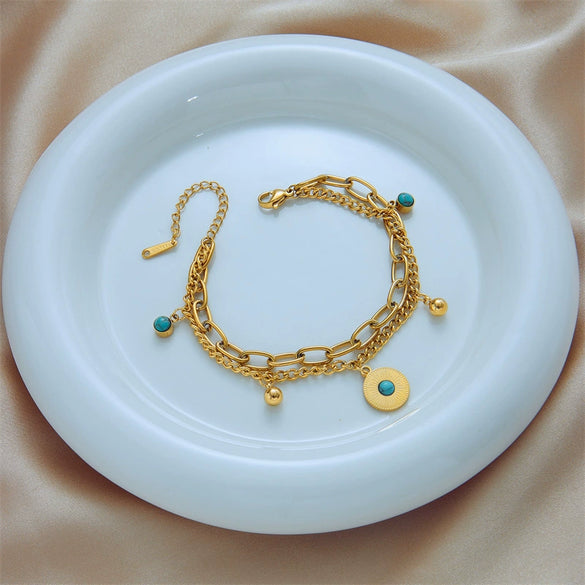 Doublelayer Retro Gold Titanium Steel Round Pendant Bracelet For Women With Electroplating Treatment