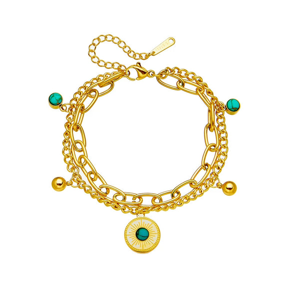 Doublelayer Retro Gold Titanium Steel Round Pendant Bracelet For Women With Electroplating Treatment