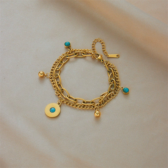 Doublelayer Retro Gold Titanium Steel Round Pendant Bracelet For Women With Electroplating Treatment