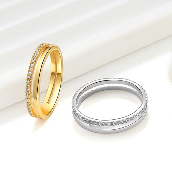 Doublelayer Ringed Diamond Zircon Women's Copper Ring With Geometric Style And Electroplating Technology