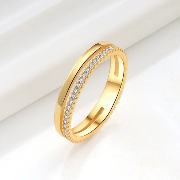 Doublelayer Ringed Diamond Zircon Women's Copper Ring With Geometric Style And Electroplating Technology