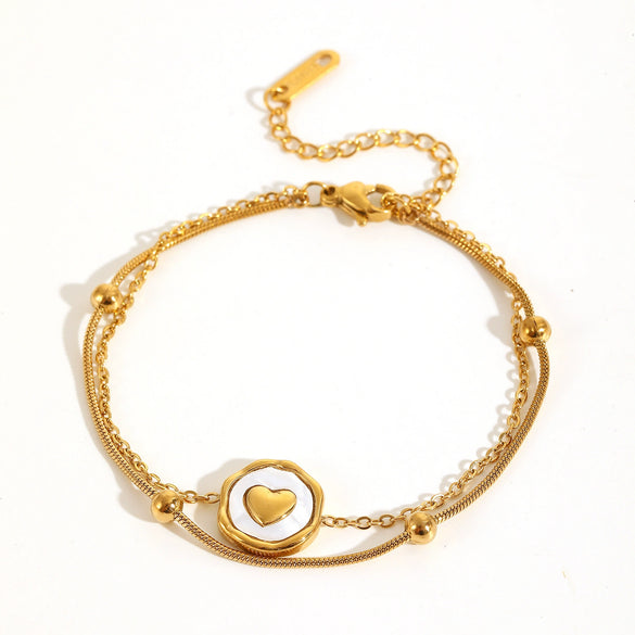 Doublelayer Round Snake Beads Love Pendant Jewelry Women's Anklet Stainless Steel Heart Shape Acrylic Inlay