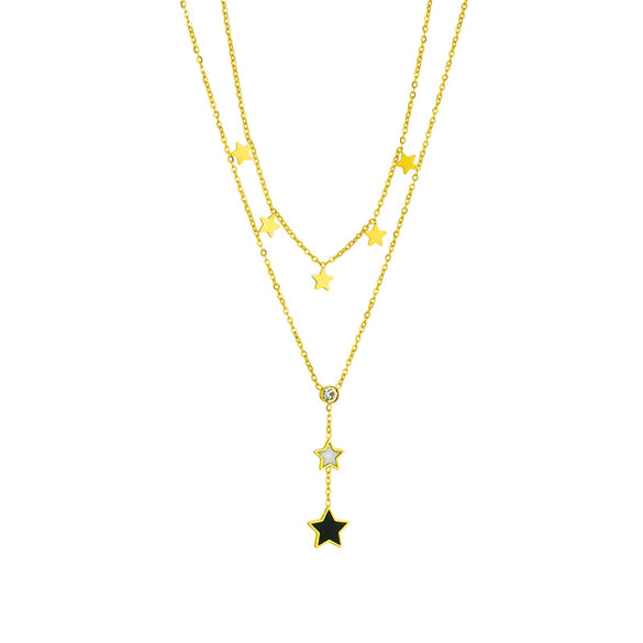 Doublelayer Stacked Black And White Fivepointed Star Diamond Tassel Pendant Titanium Steel Jewelry Necklace With Electroplating
