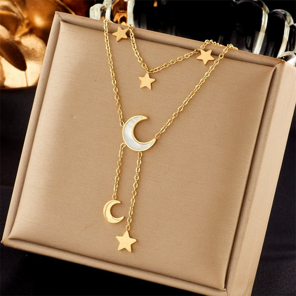 Doublelayer Stacked White Shell Star Moon Geometric Titanium Steel Tassel Clavicle Chain Necklace With Electroplating For Women
