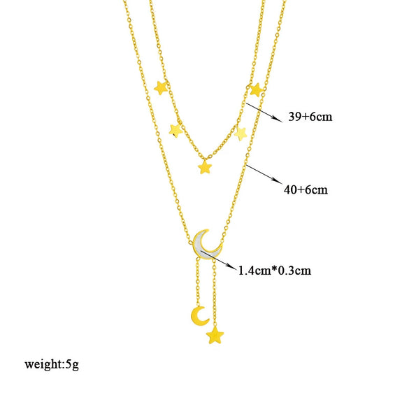 Doublelayer Stacked White Shell Star Moon Geometric Titanium Steel Tassel Clavicle Chain Necklace With Electroplating For Women
