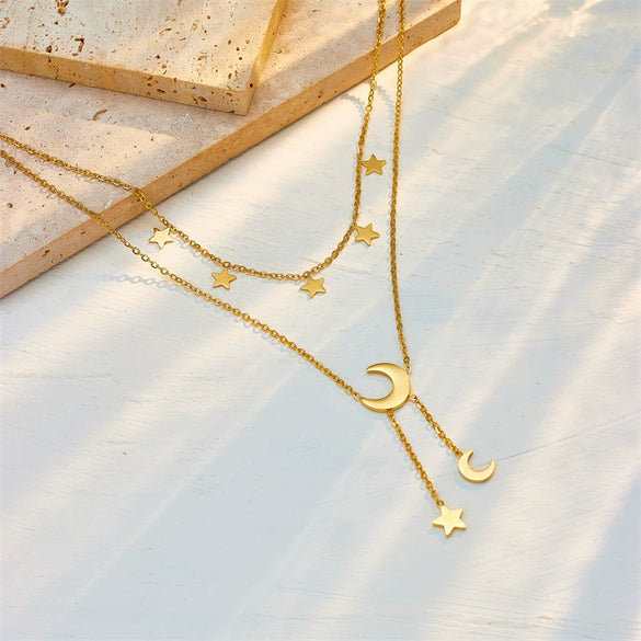 Doublelayer Stacked White Shell Star Moon Geometric Titanium Steel Tassel Clavicle Chain Necklace With Electroplating For Women