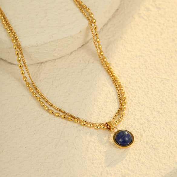Doublelayer Stainless Steel Lapis Lazuli Geometric Pendant Necklace For Women Electroplated Fashion Jewelry