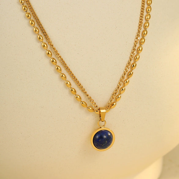 Doublelayer Stainless Steel Lapis Lazuli Geometric Pendant Necklace For Women Electroplated Fashion Jewelry