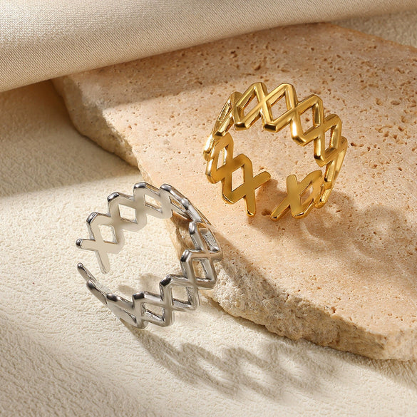 Doublelayer Stainless Steel Round Geometric Women's Opening Ring 18K Gold Plated
