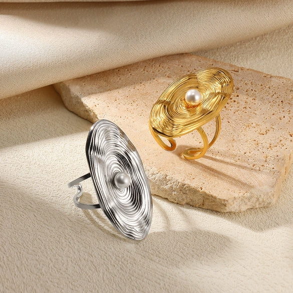 Doublelayer Stainless Steel Round Geometric Women's Opening Ring 18K Gold Plated