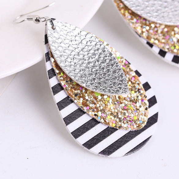 Doublelayer Teardropshaped Pu Leather Women's Earrings With Printing