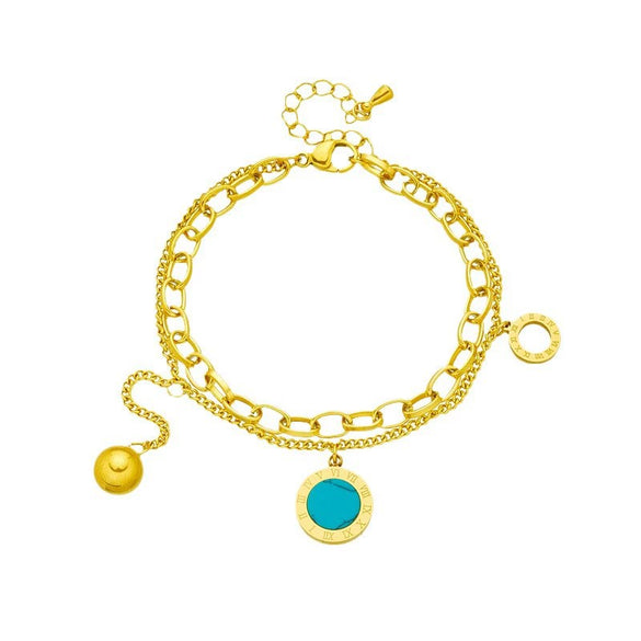 Doublelayer Titanium Steel Chain With Roman Round Turquoise Pendant Geometric Electroplated Unisex Jewelry Bracelet