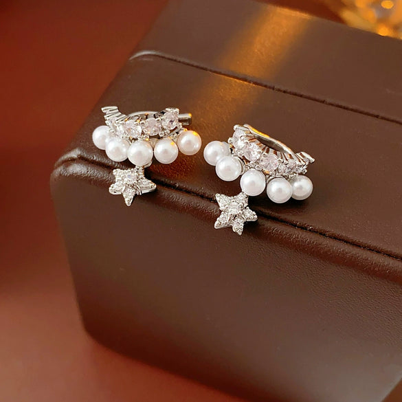 Doublelayer Zircon Fake Pearl Pendant Earrings Geometric Light Luxury Style Set With Zirconia