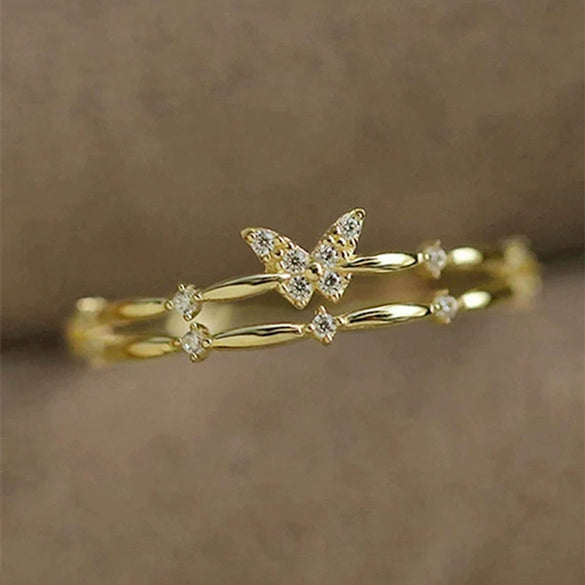 Doublelayered Butterfly Ring For Women Copper Inlaid Zircon Animal Zodiac Geometric Small And Fresh Style
