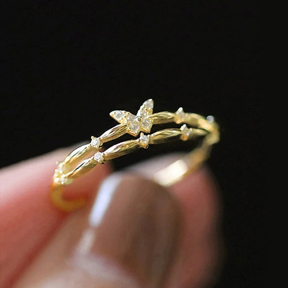 Doublelayered Butterfly Ring For Women Copper Inlaid Zircon Animal Zodiac Geometric Small And Fresh Style