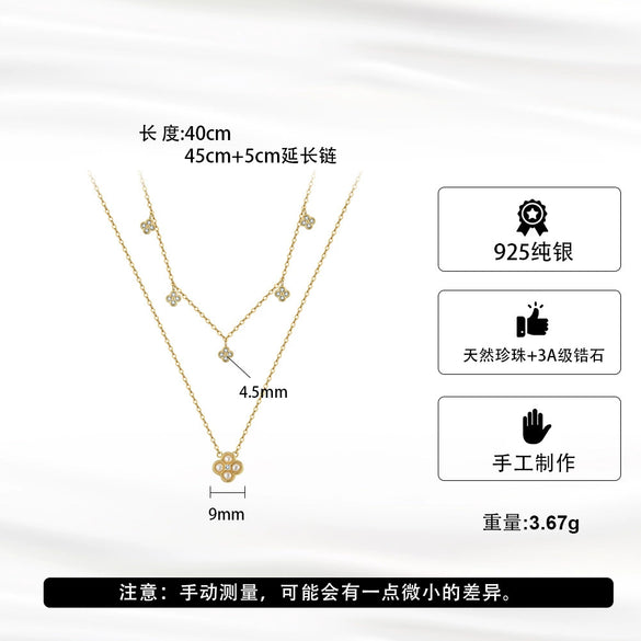 Doublelayered Freshwater Pearl Clavicle Chain Fourleaf Clover Sterling Silver Women's Necklace