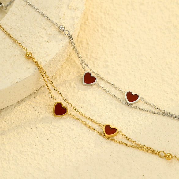 Doublelayered Peach Heart Stacked Stainless Steel 18K Electroplated Women's Fashion Jewelry Bracelet