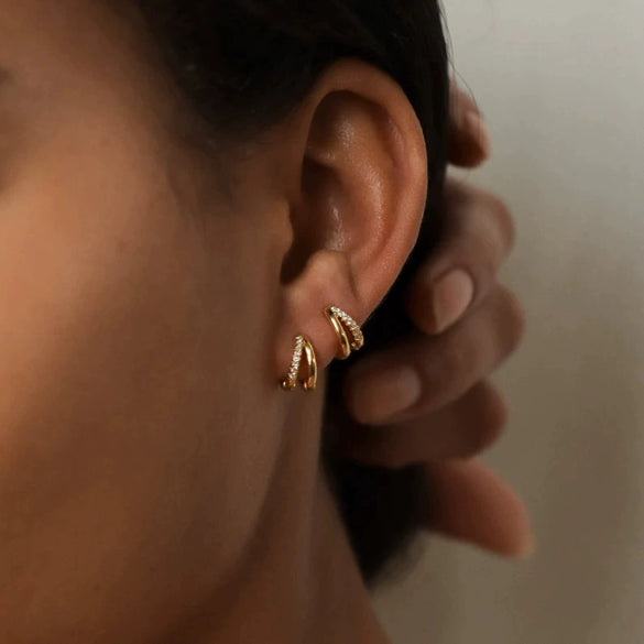 Doublering Geometric Copper Earrings With Zircon Inlay