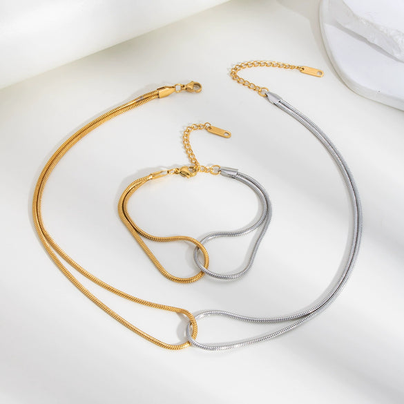 Doublering Snake Bone Chain Necklace Bracelet Suit In Gold And Silver Colormatching Stainless Steel Jewelry With Pvd Furnace Vacuum Real Gold Plating For Women