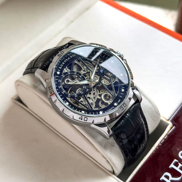 Doublesided Hollow Automatic Mechanical Men's Watch With Genuine Leather Strap Sapphire Crystal Glass Mirror Alloy Case Stainless Steel Pin Buckle And Round Dial