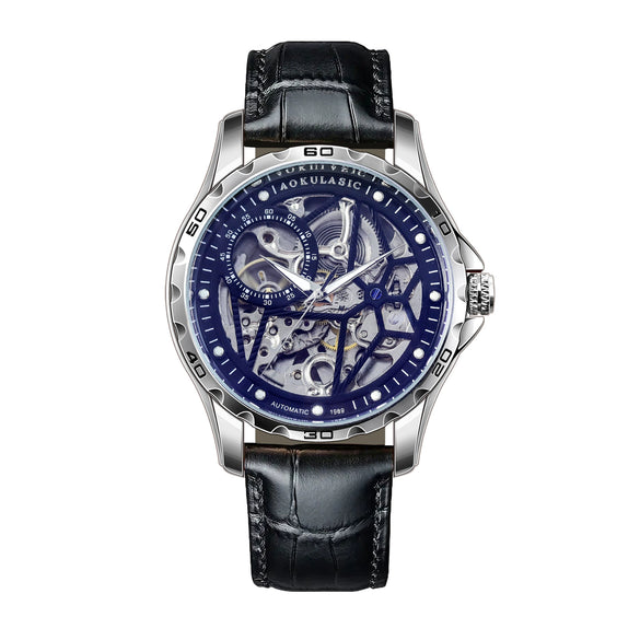 Doublesided Hollow Automatic Mechanical Men's Watch With Genuine Leather Strap Sapphire Crystal Glass Mirror Alloy Case Stainless Steel Pin Buckle And Round Dial