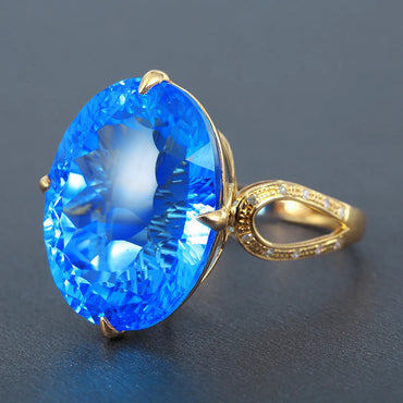 Dove Egg Color Treasure Open Ring Imitating Swiss Blue Oval Natural Topaz Copper Ring