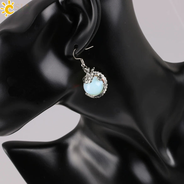 Dragon Winding Around Bead Drop Earrings In Natural Stone And Copper Multicolor Minimalist Jewelry For Women