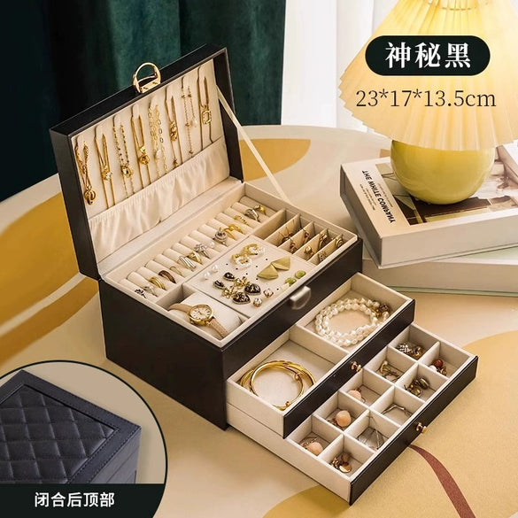 Drawer Type Leather Jewelry Box With Diamond Pattern And Lock