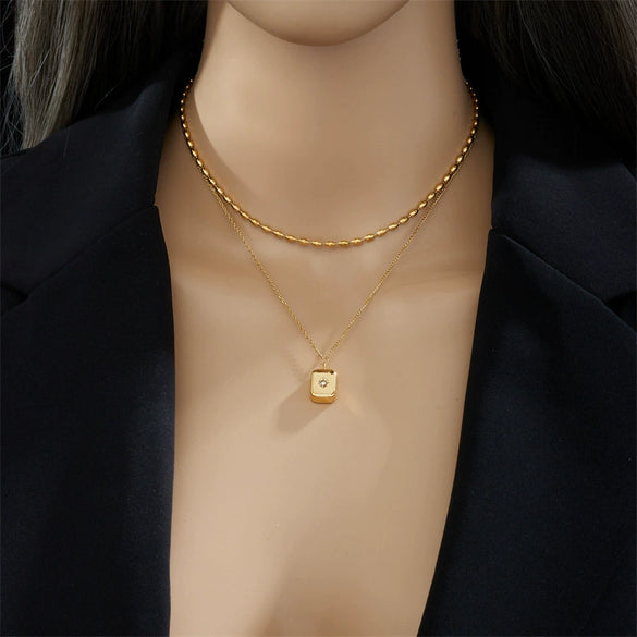 Drop Shaped Rectangular Single Diamond Eight Awn Star Titanium Steel Necklace With Electroplating Treatment For Women All Match Non Fading Clavicle Chain Accessories