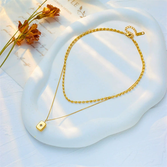 Drop Shaped Rectangular Single Diamond Eight Awn Star Titanium Steel Necklace With Electroplating Treatment For Women All Match Non Fading Clavicle Chain Accessories