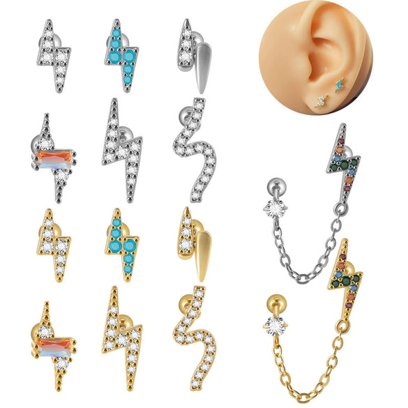 Ear Bone Stud And Chain Earrings Copper Inlaid White Blue Zircon Stainless Steel