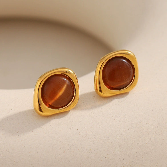 Ear Jewelry Stainless Steel 18K Gold Plated Tiger Eye Stone Geometric Style Earrings For Women