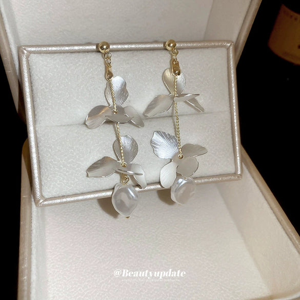 Earrings Artificial Pearl Petal Tassel Iron Handmade Flower Style