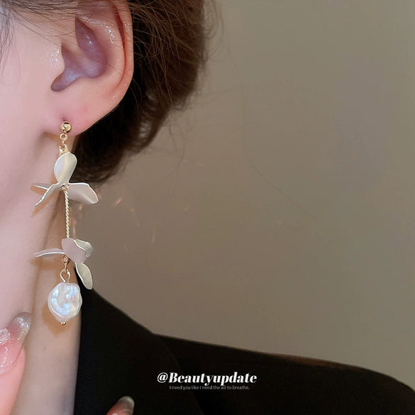 Earrings Artificial Pearl Petal Tassel Iron Handmade Flower Style