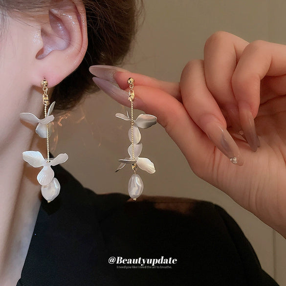 Earrings Artificial Pearl Petal Tassel Iron Handmade Flower Style