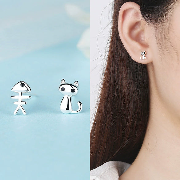 Earrings Copper Animal Kitten Fish Creative Asymmetric Jewelry For Women