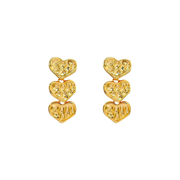 Earrings Copper Heart Shape Real Gold Plating Retro Pleated Love Stitching Women's