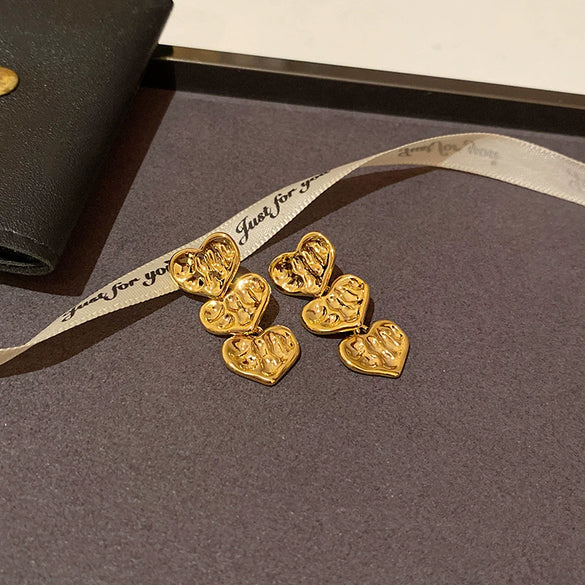 Earrings Copper Heart Shape Real Gold Plating Retro Pleated Love Stitching Women's