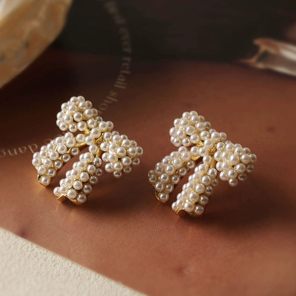 Earrings Copper Inlaid With Pearls Light Luxury Style Heart Bow Drop Shape