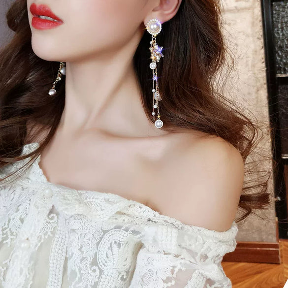 Earrings Copper Light Luxury Geometric Electroplating 925 Silver Pearl Tassel
