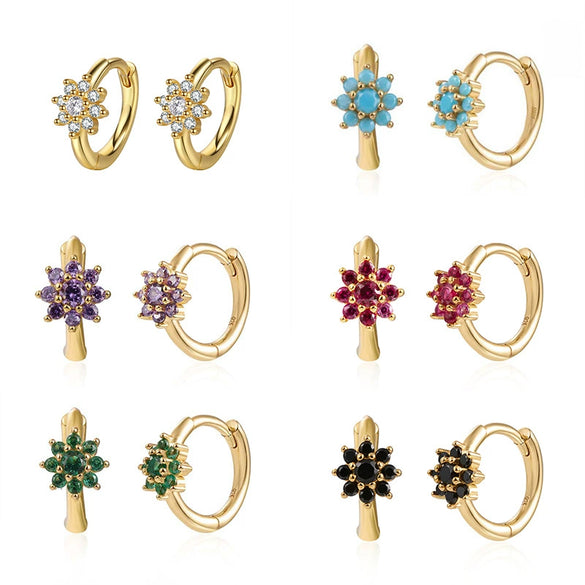 Earrings Copper Plated With Real Gold Geometric Round Zircon Inlay Flower Design