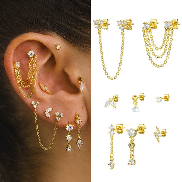 Earrings Copper S925 Silver Needle Chain Tassel Personality Niche Zirconia Leaves Design