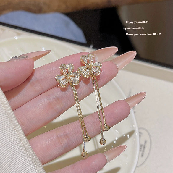 Earrings Copper S925 Silver Needle Clover Tassel Flower Zirconia Light Luxury