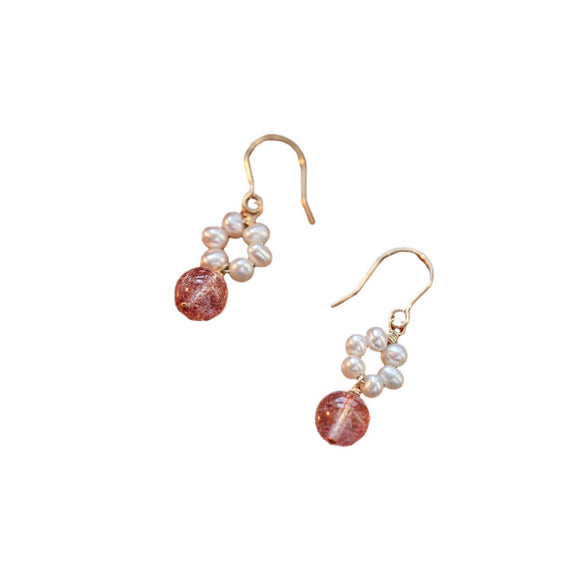 Earrings Freshwater Pearl Strawberry Crystal Powder Natural Ice Penetrant Oblate Flat Round Steamed Bread Round