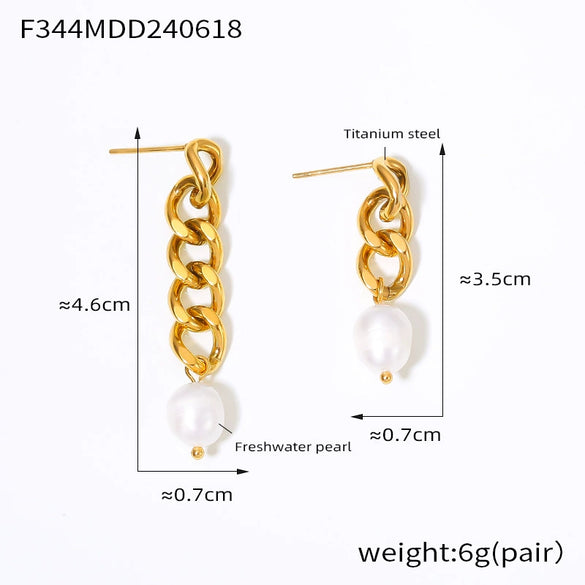 Earrings Freshwater Pearl 316L Stainless Steel Geometric Asymmetric Long And Short Chain Electroplated