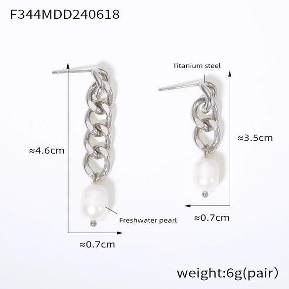 Earrings Freshwater Pearl 316L Stainless Steel Geometric Asymmetric Long And Short Chain Electroplated