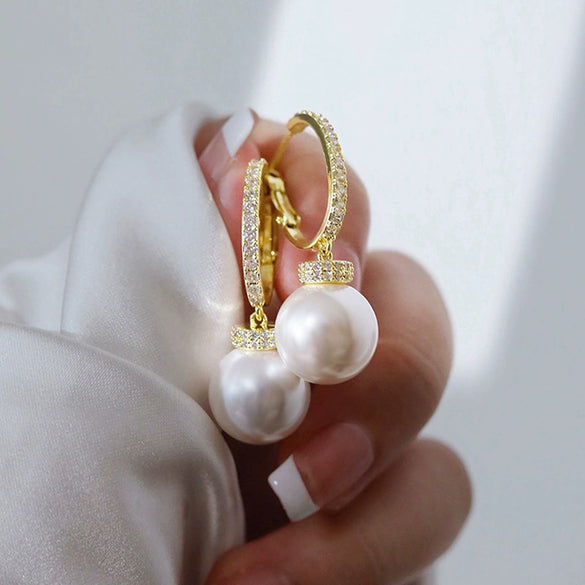 Earrings Imitation Pearl Copper Inlaid Zircon Geometric Elegant