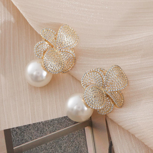 Earrings Imitation Pearl Flower Inlaid Light Luxury Elegant For Women