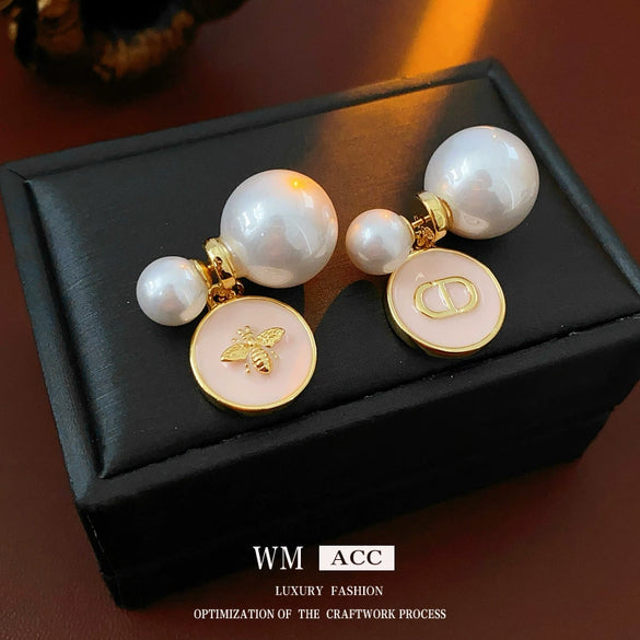 Earrings Imitation Pearls Real Gold Electroplated Silver Needle Geometric Insect Oildrip Design