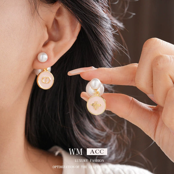 Earrings Imitation Pearls Real Gold Electroplated Silver Needle Geometric Insect Oildrip Design